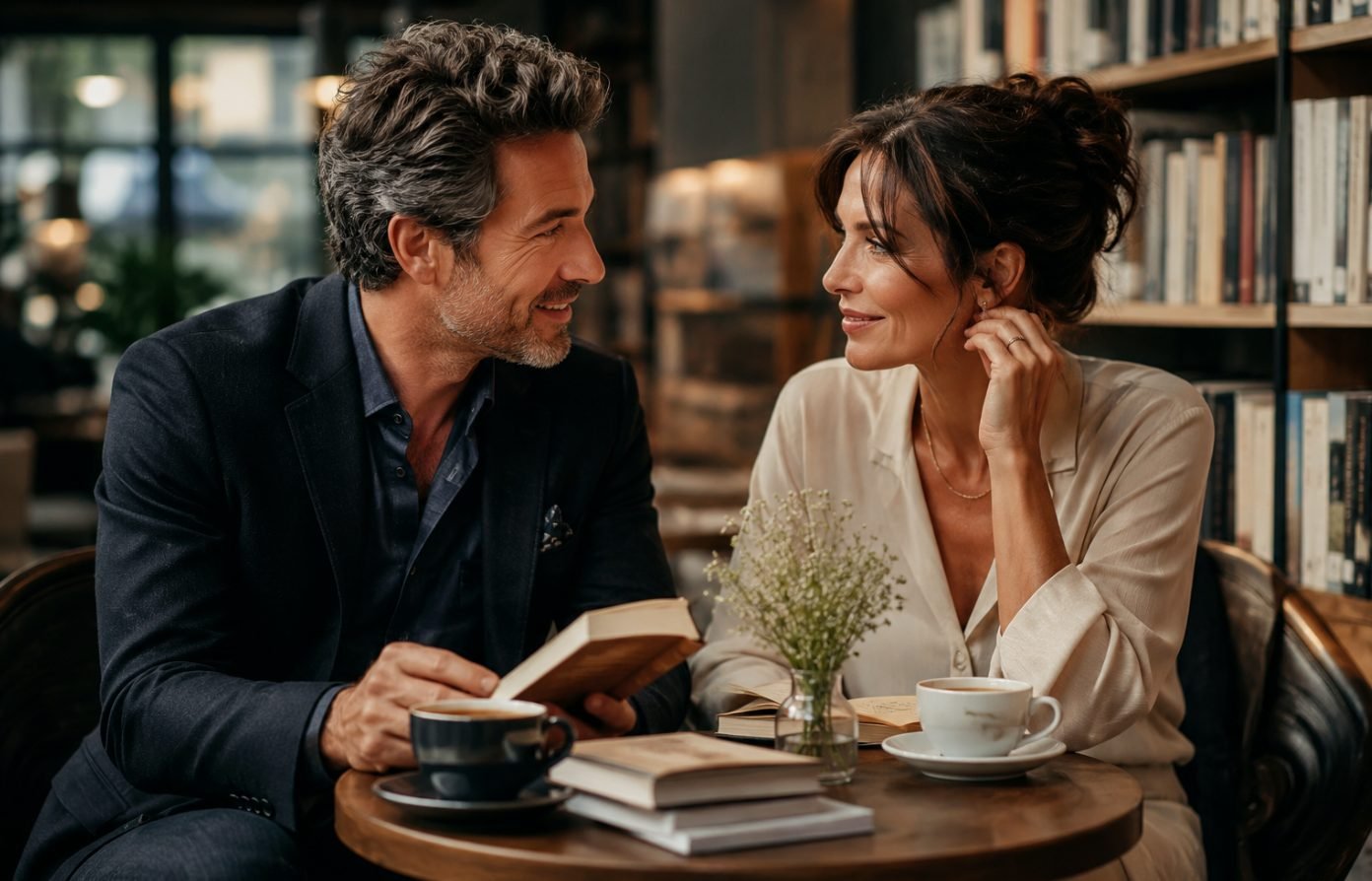 Two adults having a considered conversation in a café