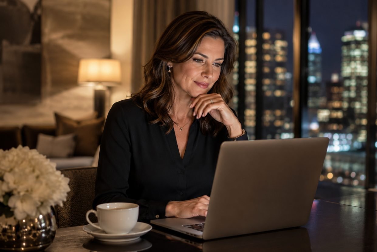 A woman reviewing profile information on a laptop