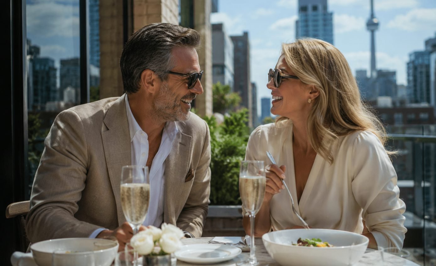Two adults sharing a conversation over lunch